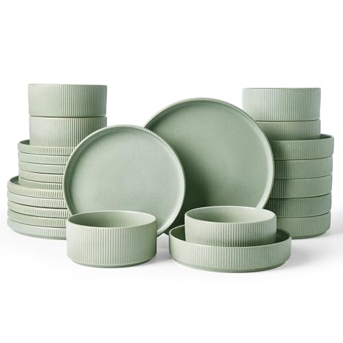 Star Stoneware Dinnerware Sets with Pasta Bowls (Matte Sage Green)