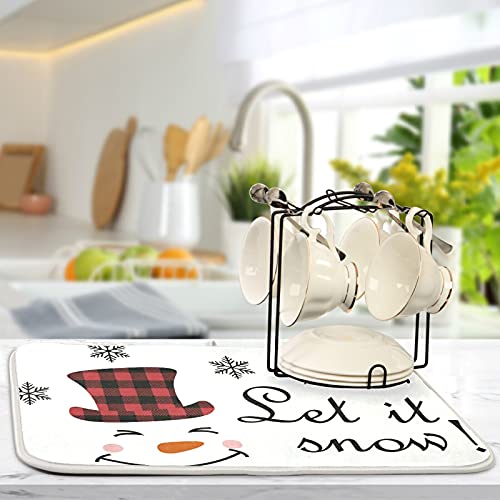Super Absorbent Dish Drying Mat (Watercolor Cute Christmas Winter Snowman / 16" x 18")