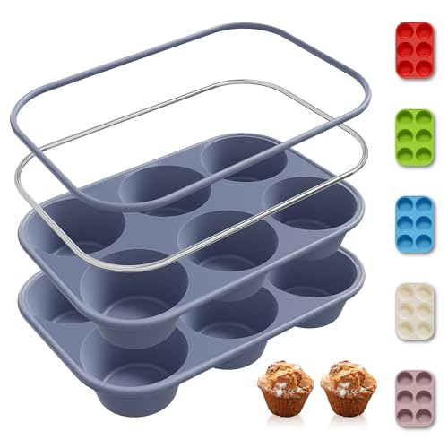 2 Pack 6 Cups Silicone Jumbo Muffin Pan with Metal Reinforced Frame Silicone Molds for Baking Cupcake Cake Baking Pans Muffin Tin Tart Pans Baking Set for Easter Christmas holiday Cookie Tin (2pc: 6-Cup Jumbo / Morandi Blue)