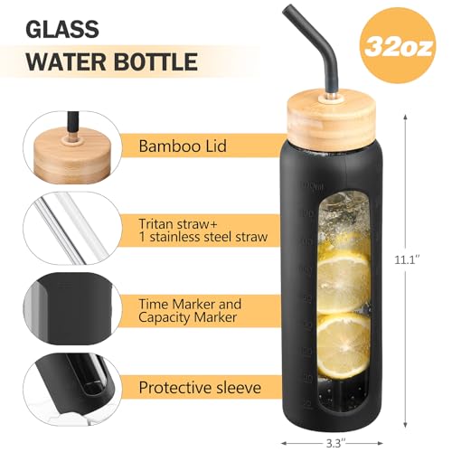 32oz Glass Water Bottle with Straw and 2 Lids (Black / 32 Ounces)