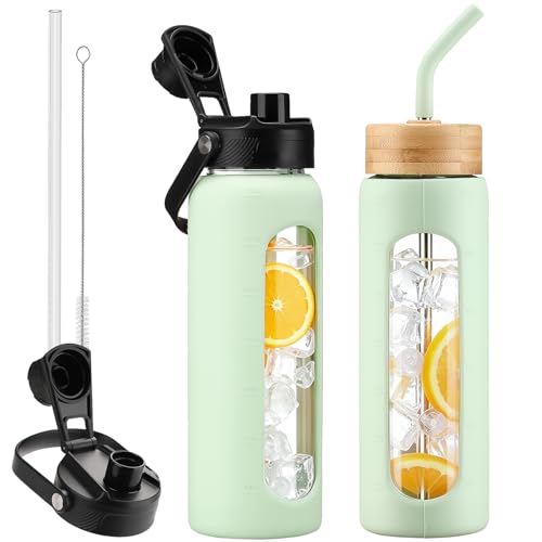 24 oz Glass Water Bottle with Straw and 2 Lids (Light Green / 24 Ounces)