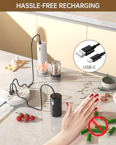 Electric Salt and Pepper Grinder Set Rechargeable Salt and Pepper Mills with 6 (Black White)