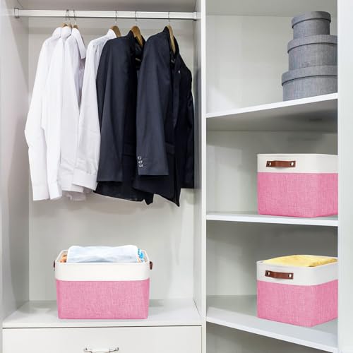 Storage Bins Large Fabric Storage Baskets for Shelves 3 Pack (Pink / Off-White / Large -15"x11"x9.5")