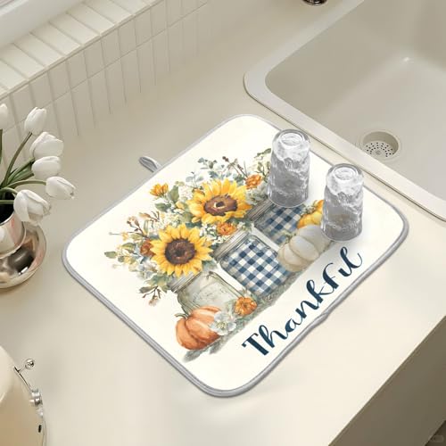 Autumn Pumpkin and Sunflower Floral Vase Dish Drying Mat for Kitchen Counter Absorbent Microfiber Large Drying Pad Dish Mats for Kitchen Countertops 18 x 24 Inch (24" x 18")