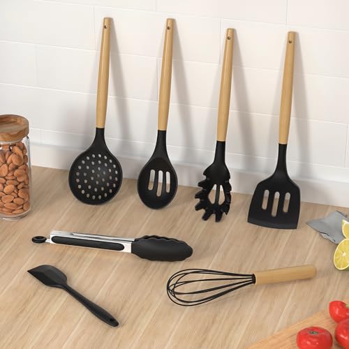 Silicone Cooking Utensils Set Utensil Sets (Black)