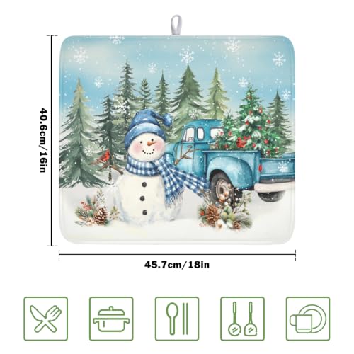 Winter Snowman Blue Dish Drying Mat Xmas Truck Dishes Pad 16"x18" Microfiber Absorbent Drainer Rack Mats Protector for Kitchen Counter Sink (Blue Snowman Truck / 16x18 inch)