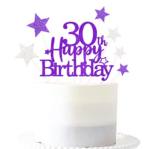 Purple Silver 30th Birthday Cake Topper with Glittery Stars (7 Count)