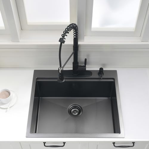 25 Inch Black Drop In Kitchen Sink (25"L x 22"W x 10"D / Black)