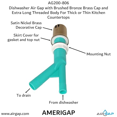 Dishwasher Air Gap with Skirted Brushed Bronze Brass Cap and Extra Long Threaded Body for Thick or Thin Kitchen Countertops (AG200-806)