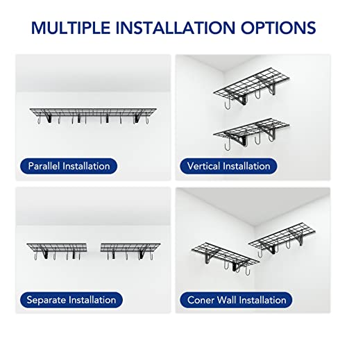 2 Pack 1x3 ft Garage Wall Shelving (2 pack-1x3 ft_8 hooks / Black)