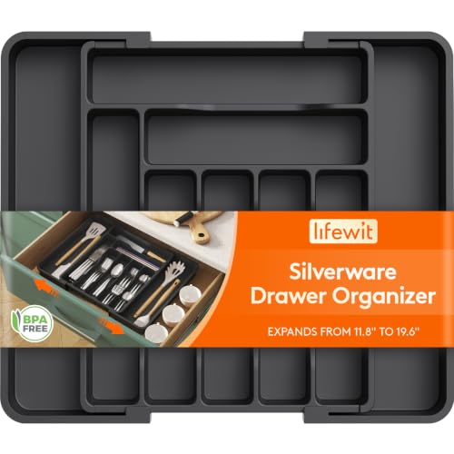 Expandable Silverware Drawer Organizer (Black / Large Deep（11.8-19.6'W x 15''D）)