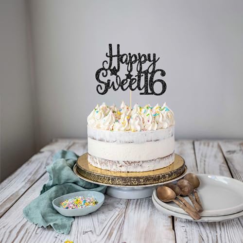 1Pc Happy Sweet 16 Cake Topper Glitter 16th Birthday Cake Pick for Cheers to 16 Years Old 16th Birthday Party Cake Decorations Supplies Black