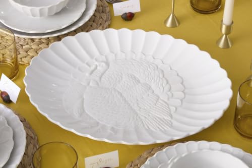 French Perle White 18in Large Serving Platter Carved Turkey Stoneware (Turkey Platter / White)
