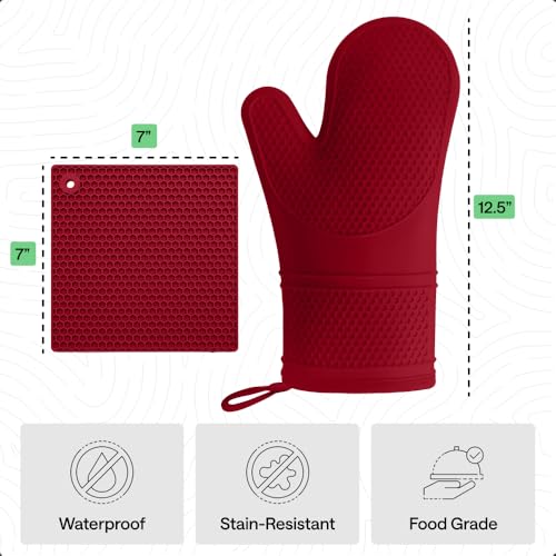 BPA Free Silicone Oven Mitts and Pot Holders Set (Red / 12.5" Oven Mitts + 7" Trivets)