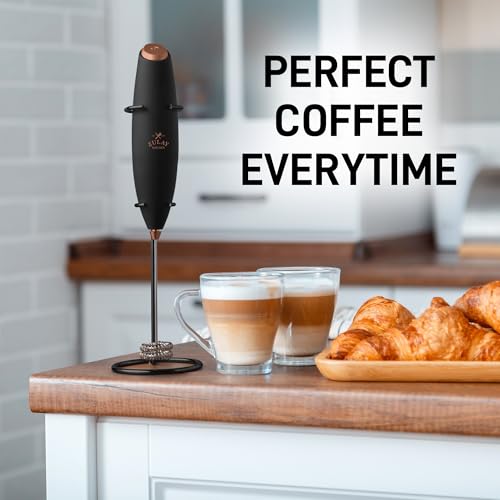 Powerful Milk Frother Wand With Duracell Batteries (Black Copper / Double Whisk + Batteries)