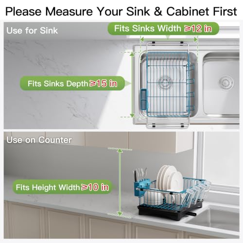 Blue Dish Drying Rack in Sink with Drainboard and Utensil Holder (Blue / For 12"-30"w Sink, with Drainboard)