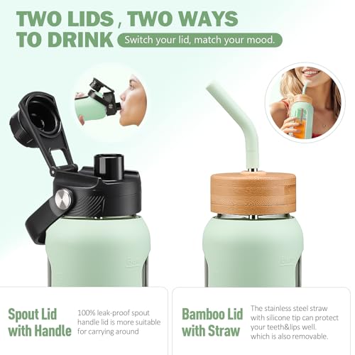 32 oz Glass Water Bottle with Straw and 2 Lids (Light Green / 32 Ounces)