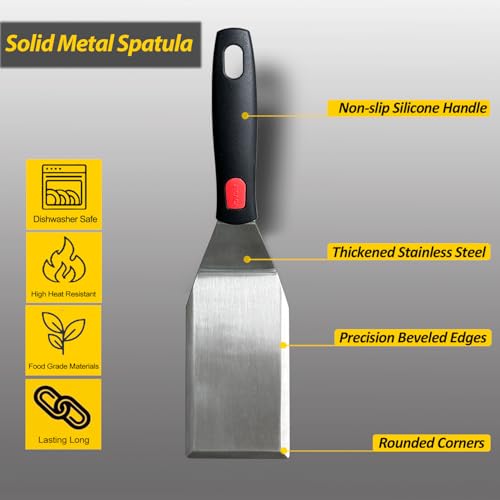 Professional Metal Spatula for Cast Iron Skillets and Flat Top Grills (3''x5''_Silicone Handle)