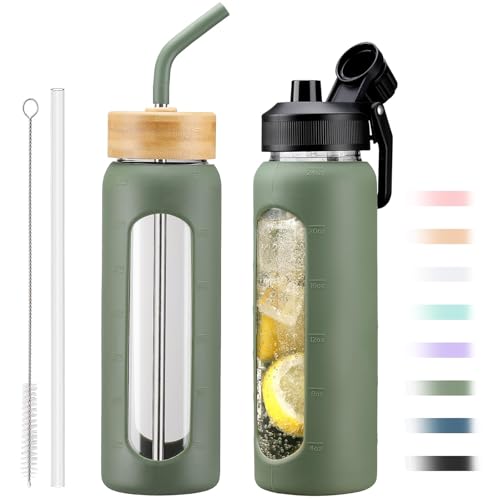 24oz Glass Water Bottle with Straw and 2 Lids (Olive / 24 Ounces)