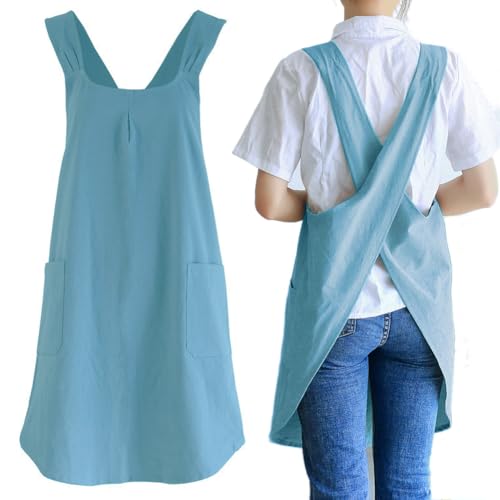 Japanese Cotton Cross Back Kitchen Cooking Aprons for Women with Pockets Cute for Baking Painting Gardening Cleaning Sky Blue (10 - Women's Light Blue)