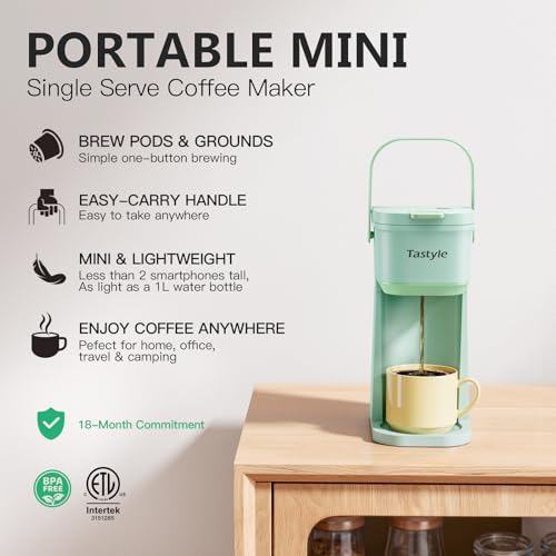Mini Single Serve Coffee Maker for K Cups and Grounds with Handle (Oasis)
