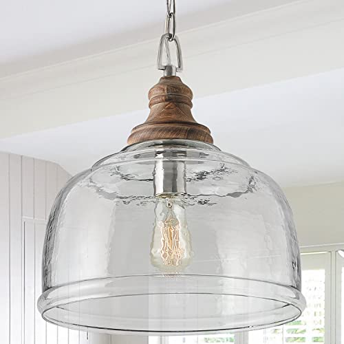 Capital Lighting 330318GY Julian Coastal Style Clear Organic Rippled Glass Pendant with Handcrafted Mango Wood Finial (Grey Wash)
