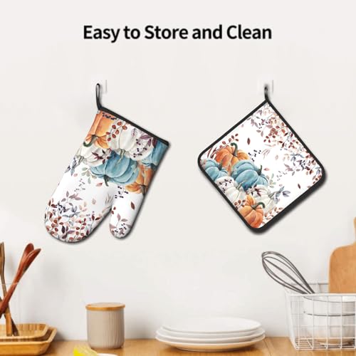 Fall Orange Pumpkin Oven Mitt Potholders Sets Eucalyptus Leaves Heat Resistant Oven Glove Set of 2 Kitchen Hot Pads for Cooking Baking BBQ (Fall Orange Pumpkin)