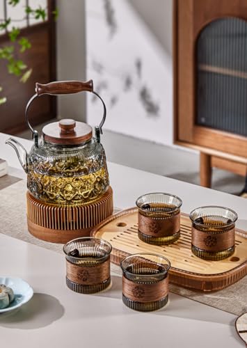 Stovetop Safe Glass Teapot with Malus Spectabilis Pattern Removable Infuser Fine Borosilicate Tea Pot perfect for Fruit Flowering Tea Canister Premium Quality Tea Kettle Gift (Gray / 1000ml)