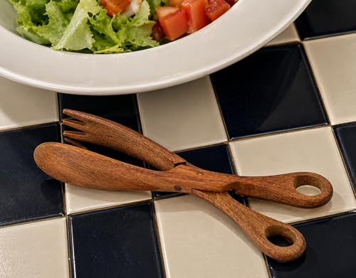 Hand Carved Palm Wood Scissor Tongs for Salad Bread and Pastry Serving (Brown)