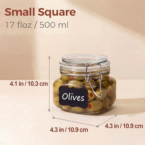 17 oz Square Glass Jars with Airtight Lids (Square-17OZ Set- 6 Pack)