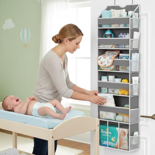 Over the Door Hanging Organizer for Bathroom & Nursery (Grey)