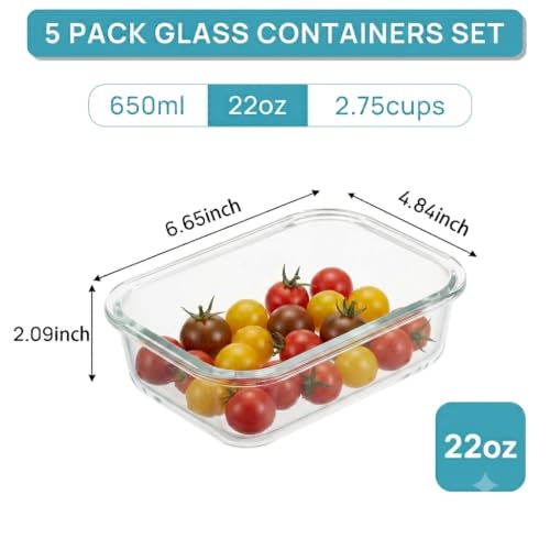 5Pack 22oz Glass Storage Containers with Lids (Green / 22oz)