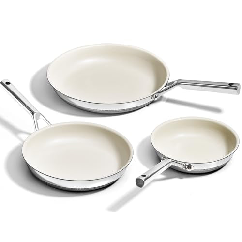 Non Stick Frying Pans Set (Beige White / 8-10-12 Inch)