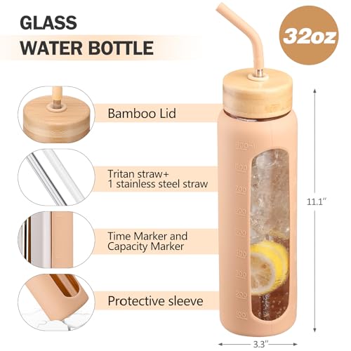 32oz Glass Water Bottle with Straw and 2 Lids (Amber / 32 Ounces)