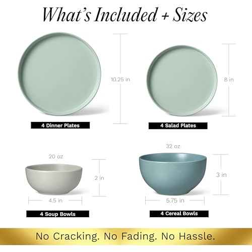 16 Piece Stoneware Dinnerware Set for 4 (Green/Sand/White / 16-Piece Set)