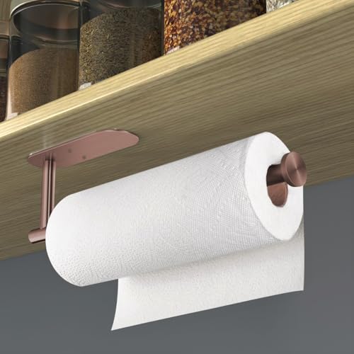 Adhesive Paper Towel Holder Under Cabinet Wall Mount for Kitchen Paper Towel (Rose Gold / 1 Pack)