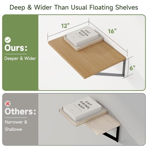 16W x 12D Deep Floating Shelves Set of 4 Oak (Oak With Black Metal Bracket / 16wx12dx5.8h)