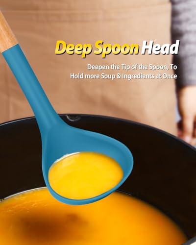 Silicone Soup Ladle and Pasta Spoon Set with Wooden Handle (2 Count)