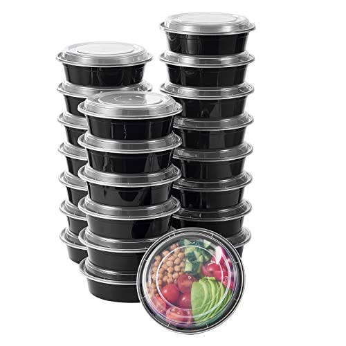 24 oz 150 ct Round Meal Prep Food Storage Containers with Lids To Go Plastic Lunch Plan Box Disposable Take Out Bowls Black BPA Free Reusable Durable Stackable Microwave Freezer Dishwasher Safe (24R-150)
