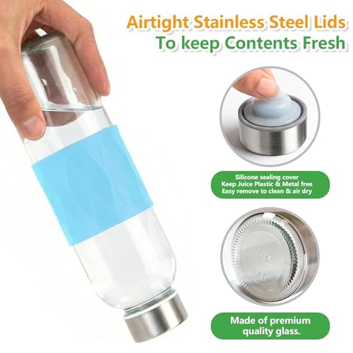 18 oz Glass Juice Bottles with Stainless Steel Lid Leak Proof 6 Pack (Matt Sleeve)