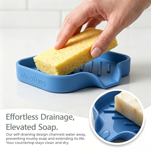 Silicone Soap Dish with Drain Spout (Lichen Blue / S(4.9"×3.2"))