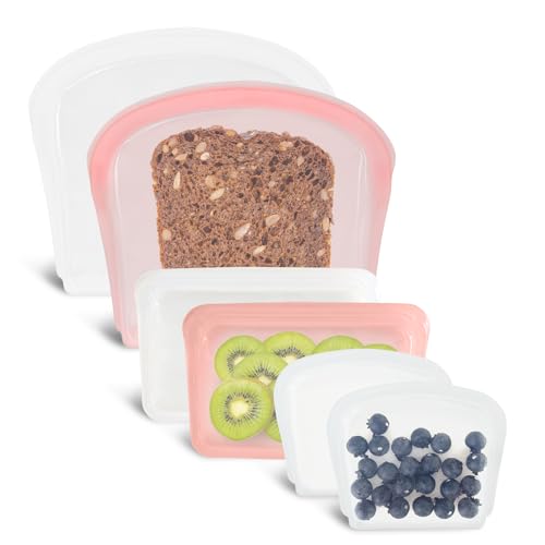 6 Pack Seal Top Silicone Food Storage Bags Microwave Oven Safe (6P Flat - Clear & Rose Quartz / 6Pcs- 2x7oz/ 2x14oz/ 2x28oz)