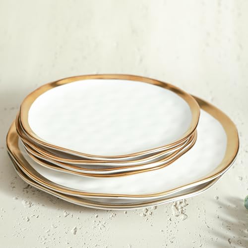 Florian Modern Porcelain Dish Set (32-Pieces Service for 8 / White with Gold Rim)