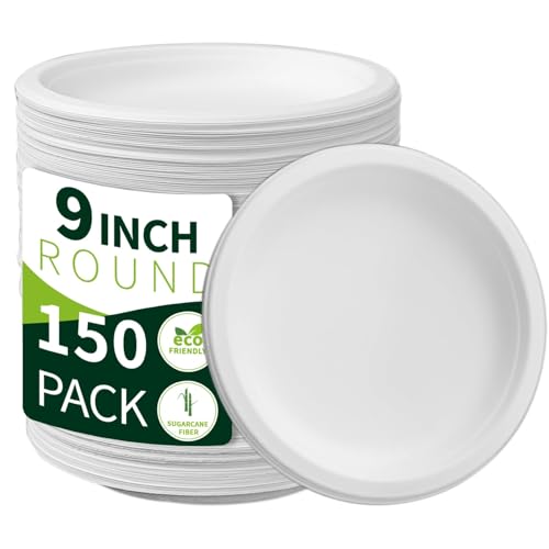 9 Inch Compostable Paper Plates 【White150 Pack】 (White / 9inch)