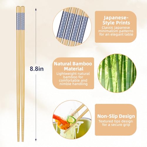 5 Pairs Bamboo Chopsticks Reusable Japanese Style Chopstick Gift Sets (Natural Bamboo Style 1)
