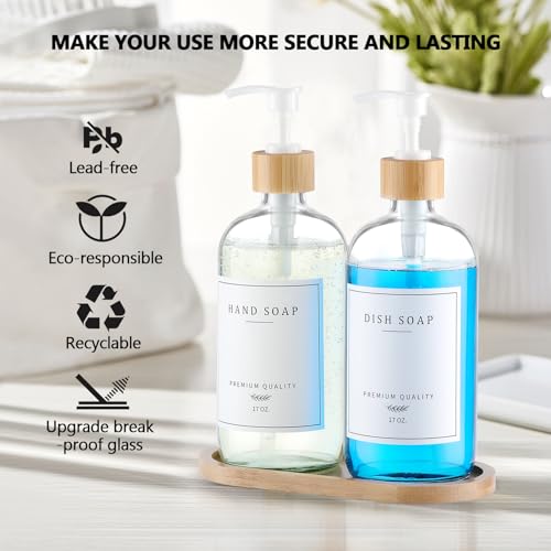 Clear Glass Soap Dispenser (Clear Bottle + 14 Labels + Funnel + Tray)