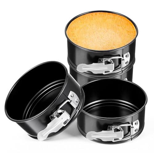 4 Pcs 4 Inch Non Stick Springform Pan with Removable Bottom Carbon Steel Round Springform Cheesecake Pan with Stainless Steel Spring Buckles for Baking Kitchens Restaurant (Black / 4 Inch)