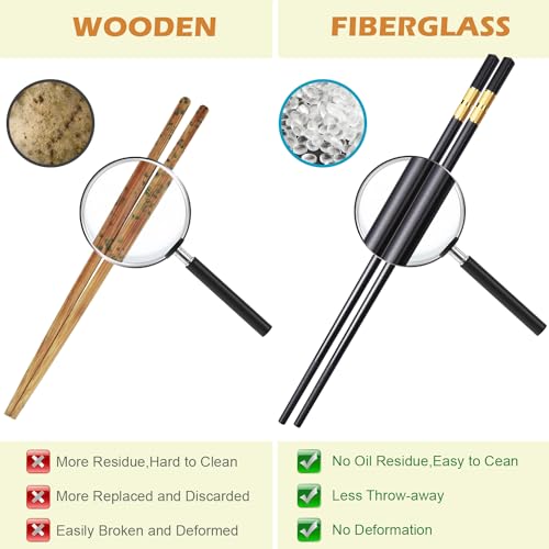 5 Pairs Premium Chopsticks Reusable Dishwasher Safe 9.5 Inch Fiberglass Chop Sticks Gift Set Non Slip Black+Gold (Black + Gold)