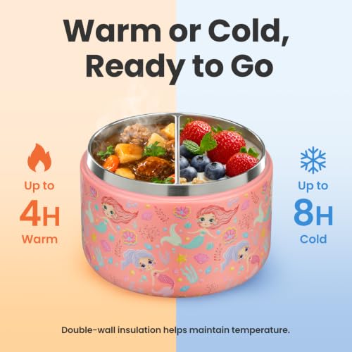 12oz Insulated Vacuum Food Jar with Buckle Lid Wide Mouth Soup Thermo for Hot Food Kids Leakproof Stainless Steel Lunch Container (Pink-Mermaid / 12OZ)