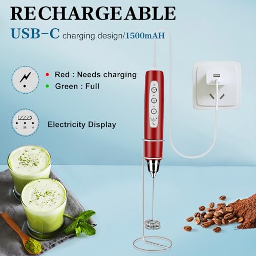 Milk Frother Wand Rechargeable Handheld Whisk Coffee 3 Speed Adjustable (Frother with stand / Red)